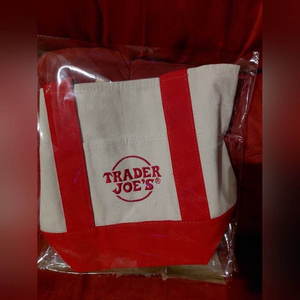 Trader Joe's Red and Cream Mini Canvas Tote Bag - Picture 2 of 2